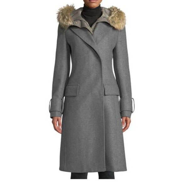 BELSTAFF ENGLAND WOMEN'S GRAY VIRGIN WOOL COAT REMOVABLE FUR COLLAR ITALY - Picture 1 of 16